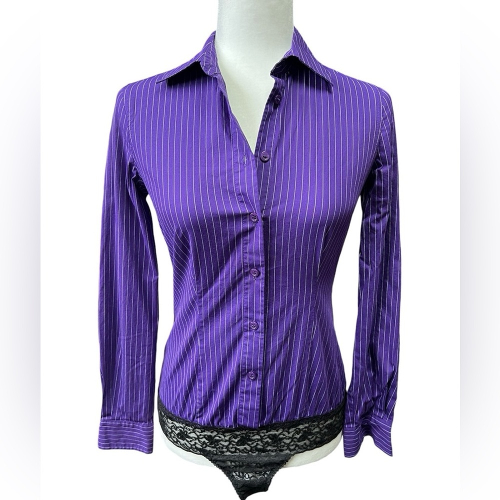 Rare Moda International purple pinstripe bodysuit blouse